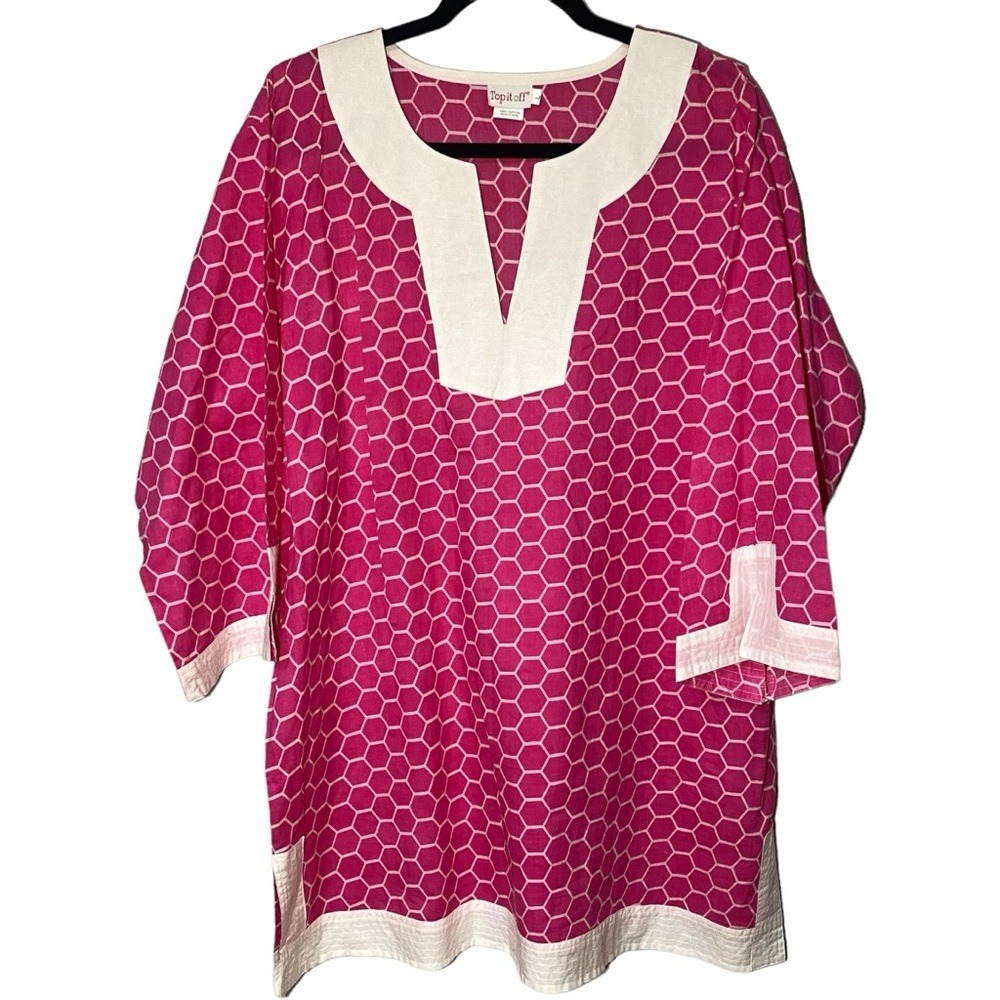 Top It Off Women's Large Pink Tunic Honeycomb Hexagon White Trim‎ 3/4 Sleeves